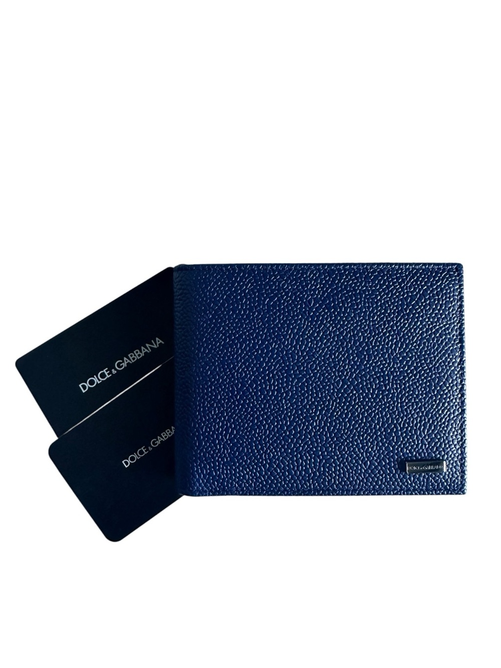 Dolce & Gabbana Navy Blue Pebbled Leather Polka Dot Bifold Wallet NWT